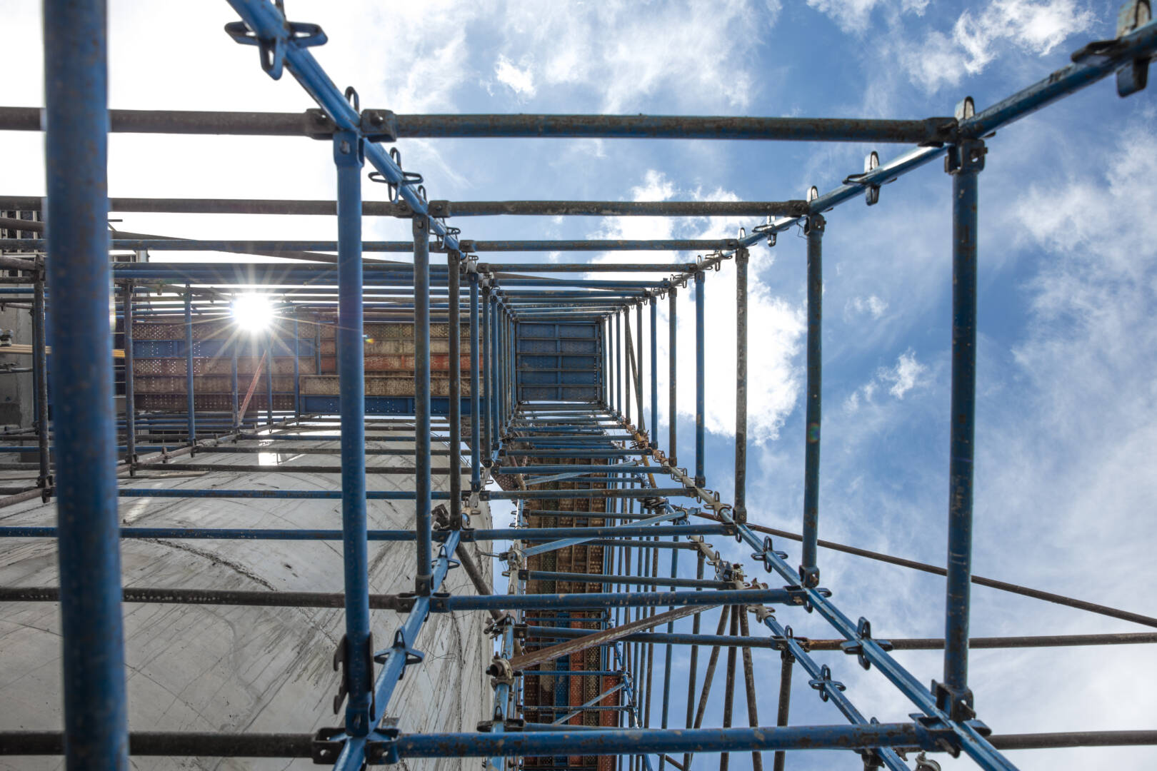 Scaffold on construction site, view from below